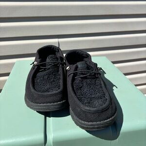 Women's Black Lace-Top Slip-On Flats